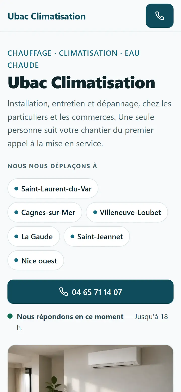 Sur un téléphone : la page du chauffagiste Ubac Climatisation, avec les communes desservies et un bouton pour appeler.